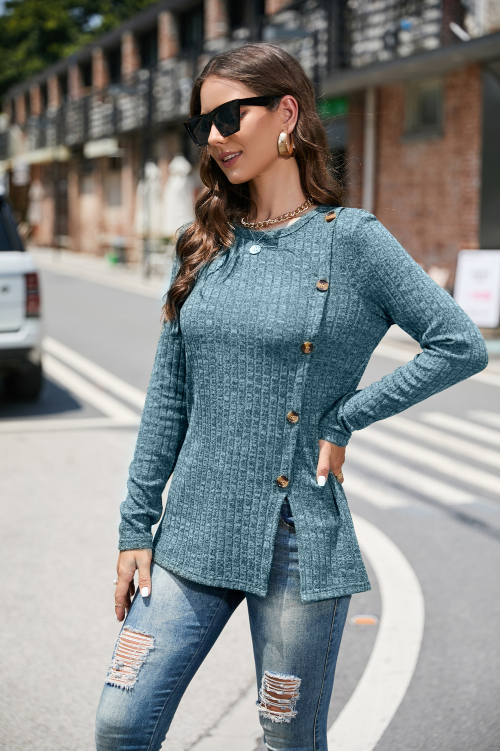 Charlotte® | Stylische Herbstmode gestrickter Damenpullover mit Knöpfen