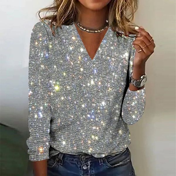 Fee® | Silbernes Metallic Glitzer Top mit V-Ausschnitt und langen Ärmeln